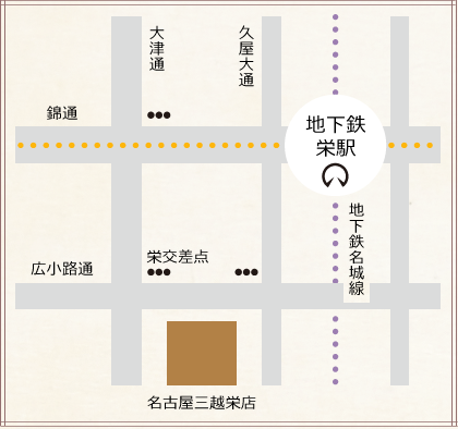 地下鉄栄駅から名古屋三越栄店までの地図